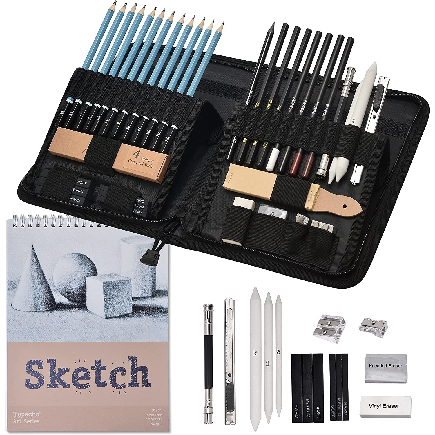 Soft, Medium, Hard Graphite and Charcoal Pencils, Eraser, Artist Kit with  Case